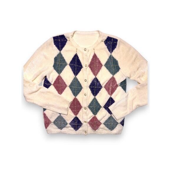Vintage Chenille Argyle Plush Knit Cardigan Size S/M - Picture 1 of 10